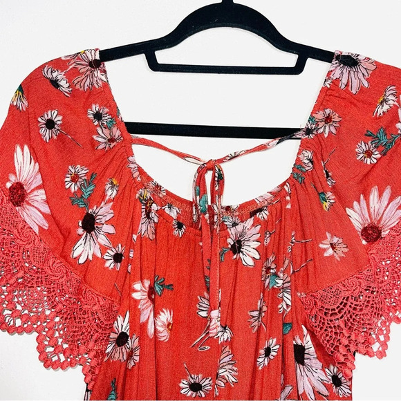Maurices Burnt Orange Sunflower Print Lace Sleeve Tie Back Top Medium Women’s - Picture 7 of 12